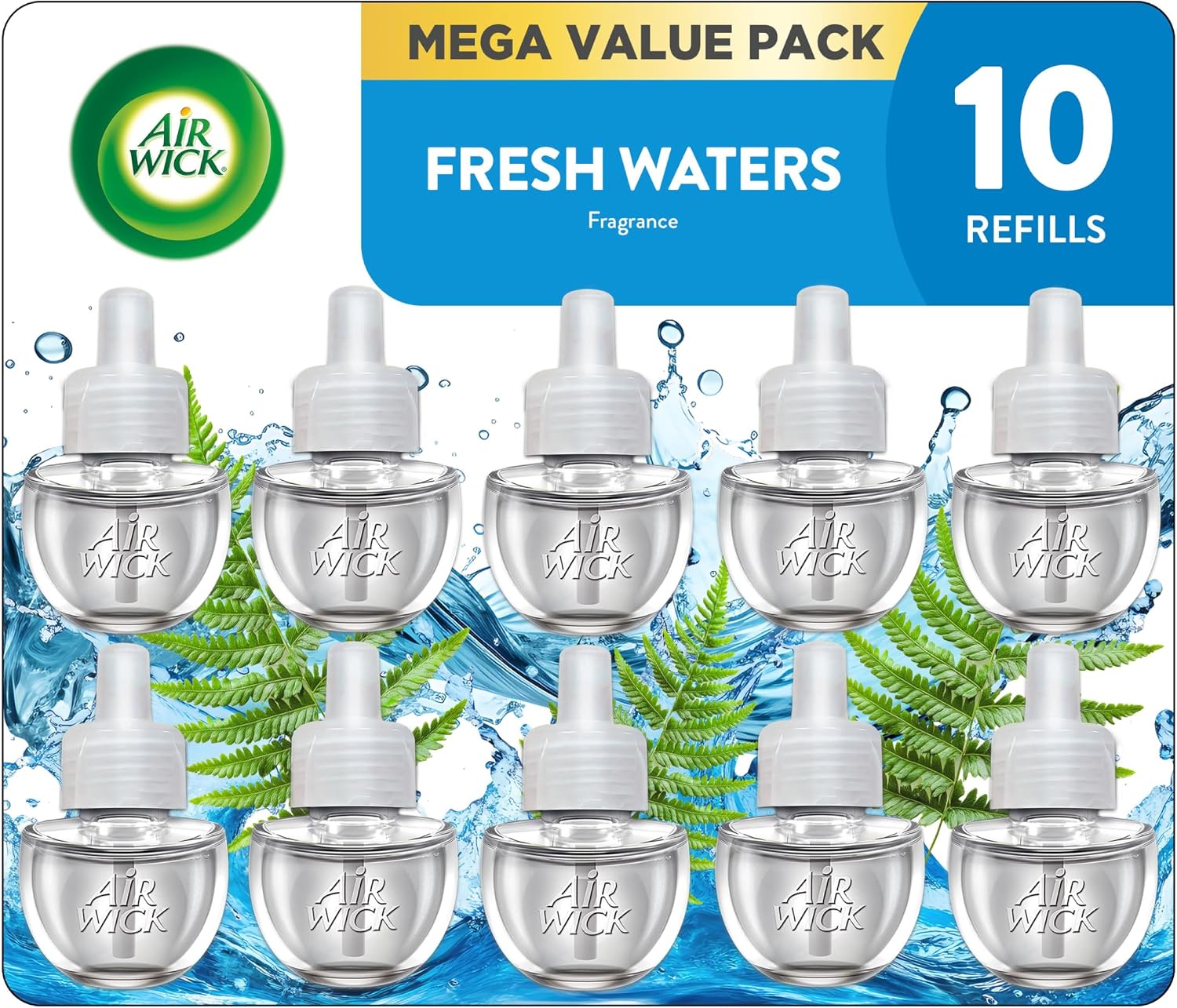 Air Wick Plug In Refills Fresh Waters, Essential Oils,10 Count | Air Wick plug refills for plug-in warmers bring Fresh Waters home fragrance to bathrooms, kitchens, living rooms.