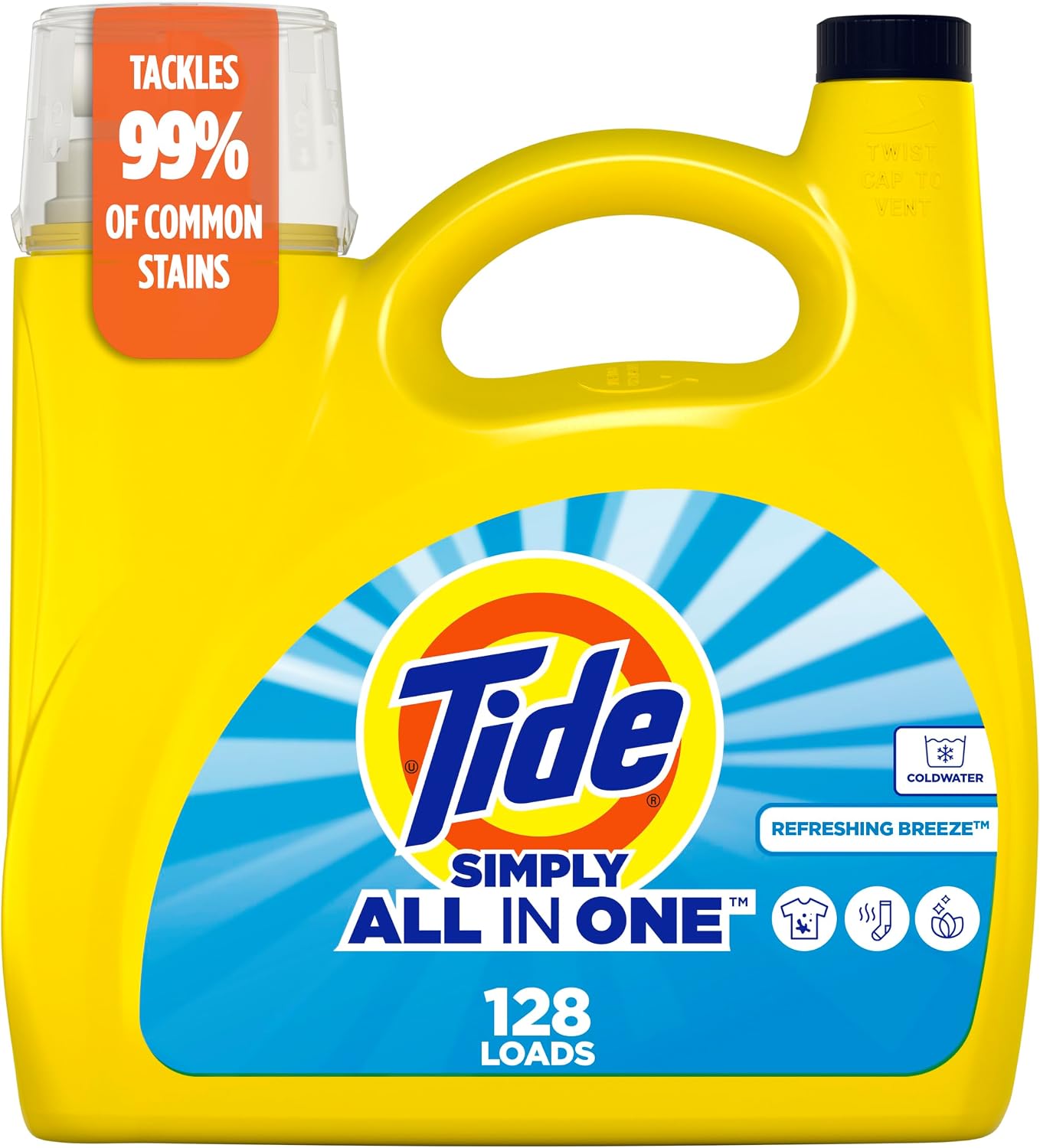 Tide Simply All-In-One Liquid Laundry Detergent, Refreshing Breeze Scent, 128 Loads, 168 fl oz